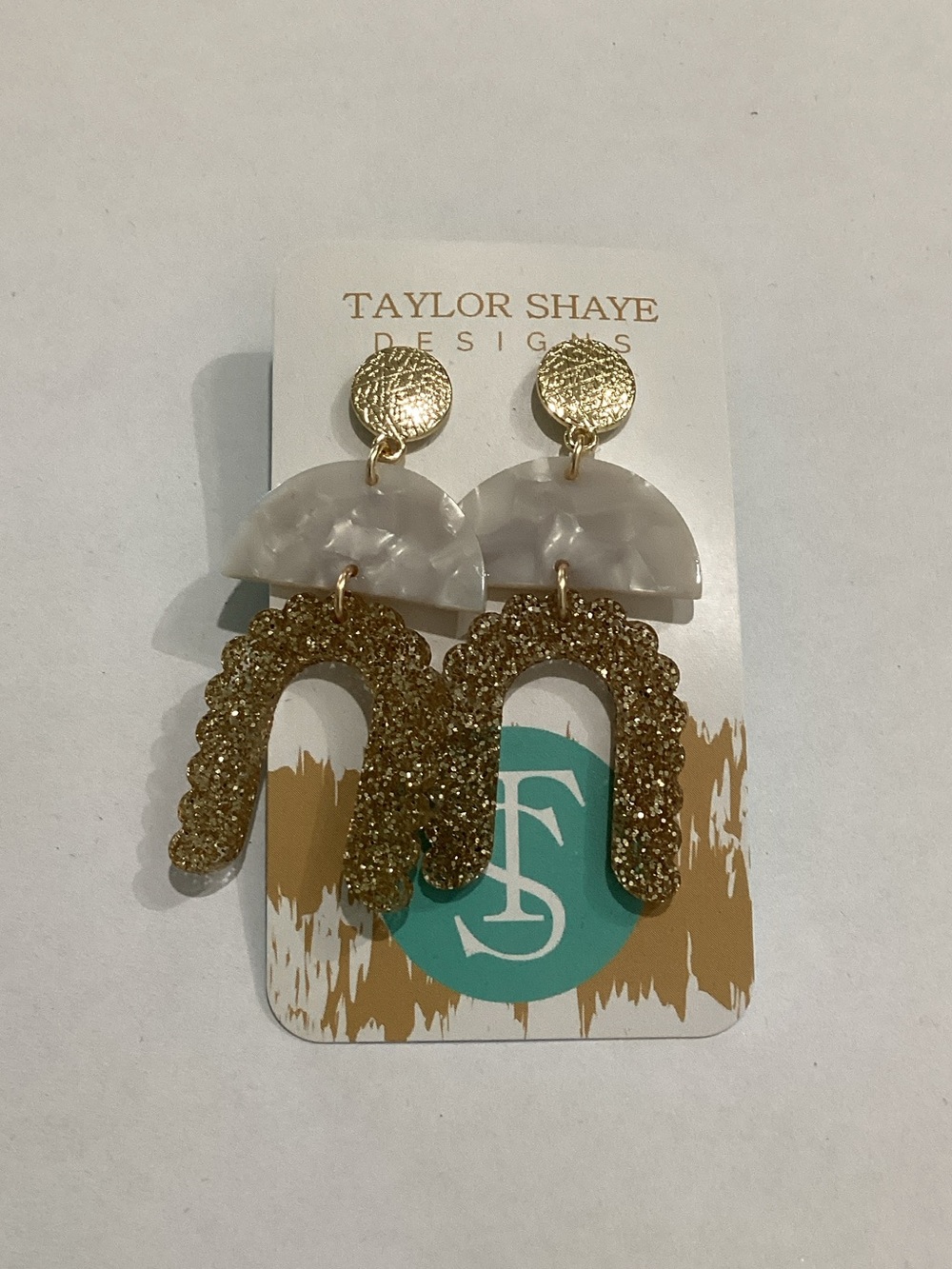 Gold Glitter & White Resin Arch‎ Drop Earrings